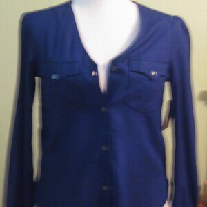 NWT True Religion Navy Blue V Neck Button Down, small